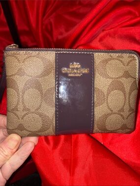 Coach Brown Signature Canvas Wallet with Dark Brown Patent Center